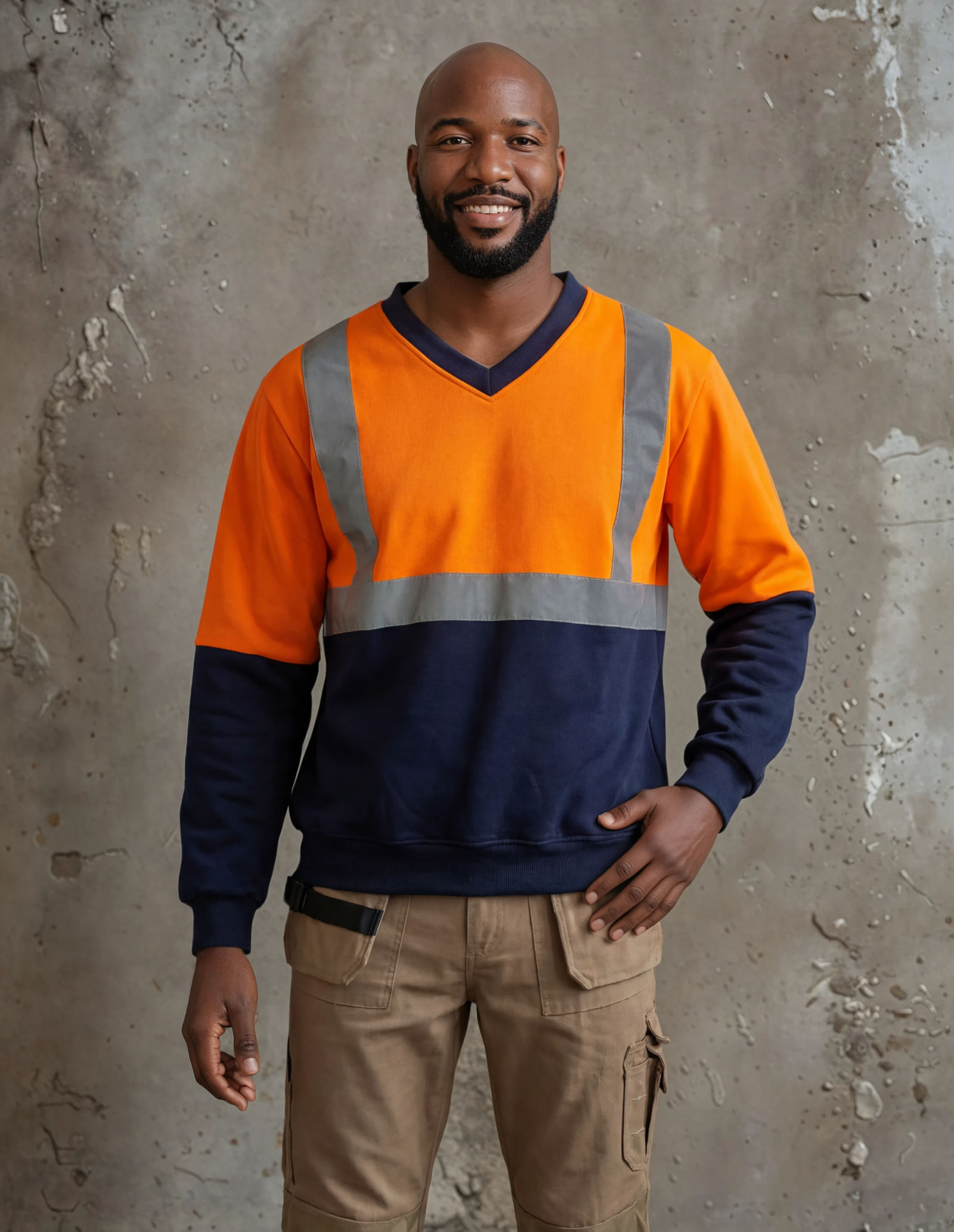 Men's hi vis reflective tape v-neck sweatshirt in orange, front view