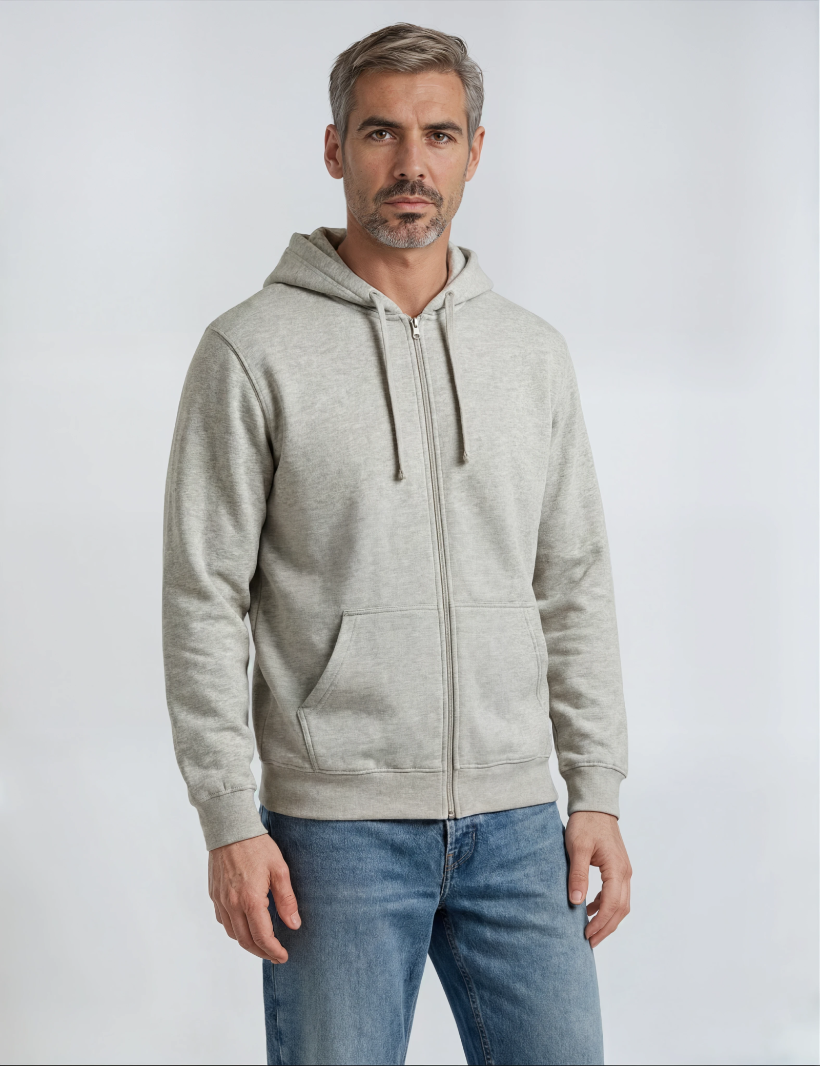 Men's tall zip hoodie in grey marle, front view