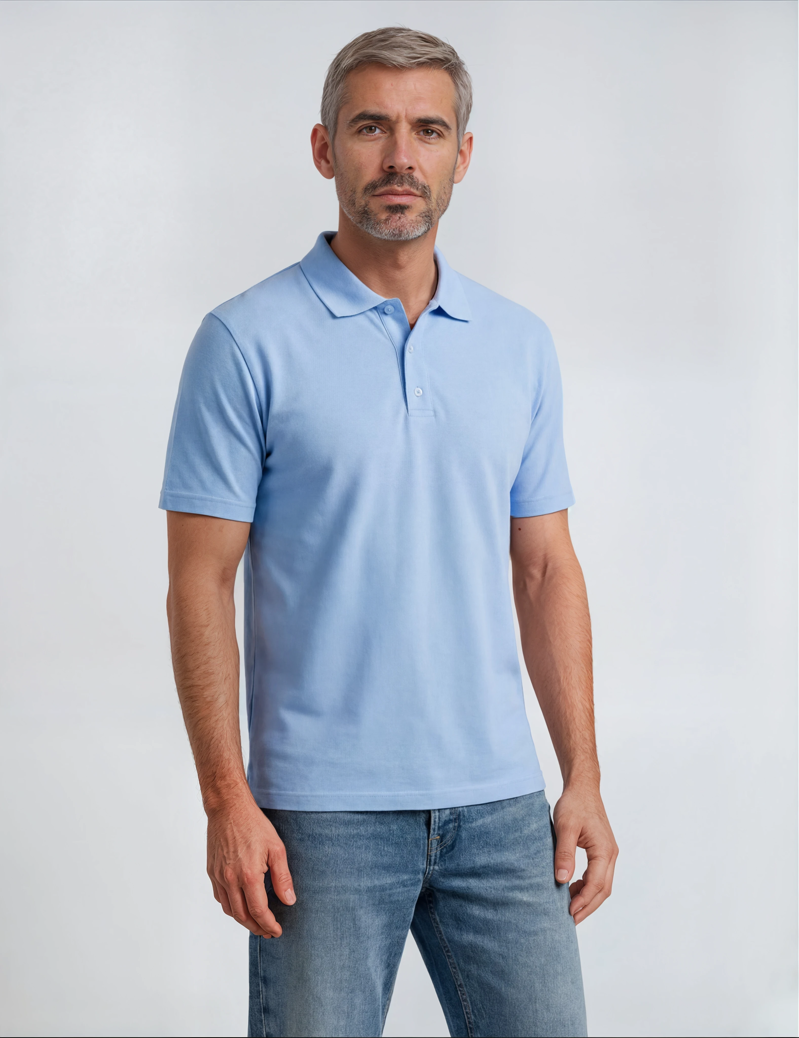 Men's classic short sleeve polo in blue, front view