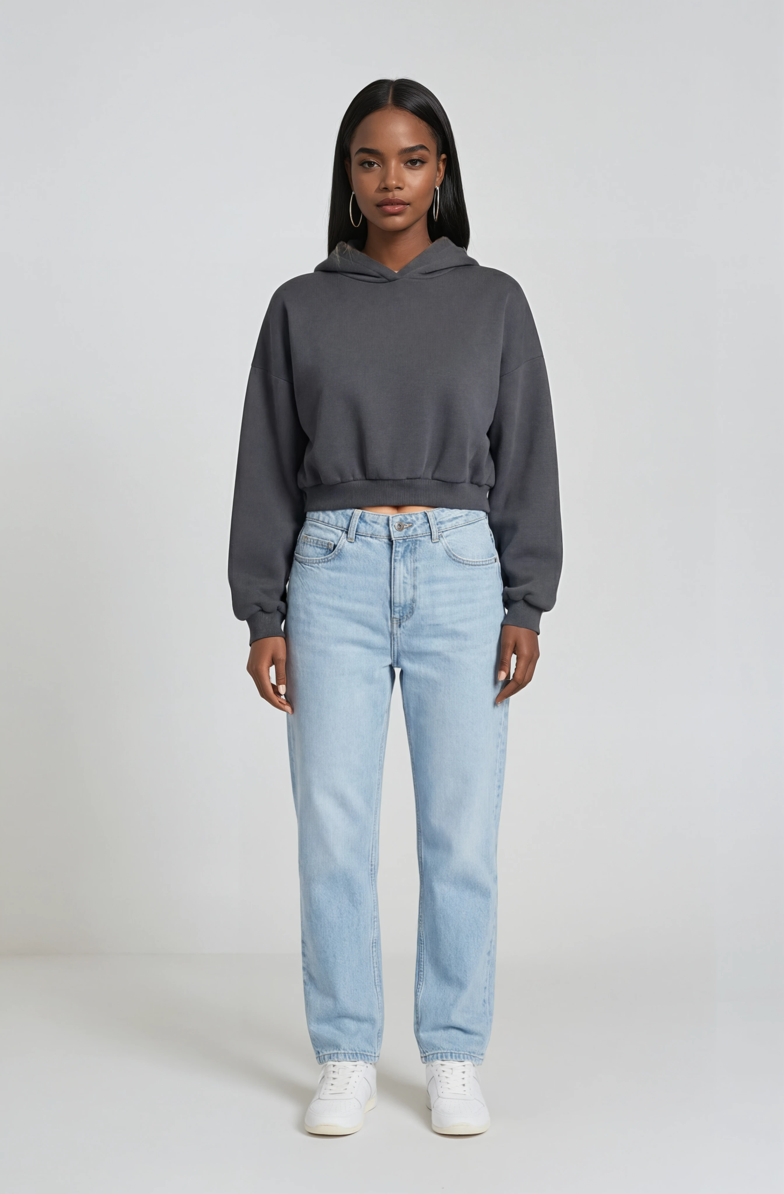 Women's crop box fit hoodie in charcoal, front view